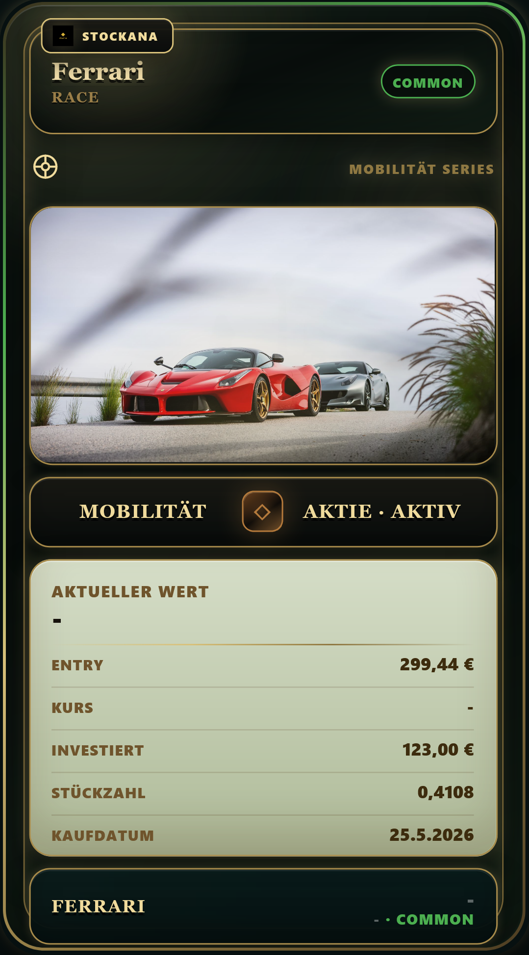 Stockana investment card for Ferrari